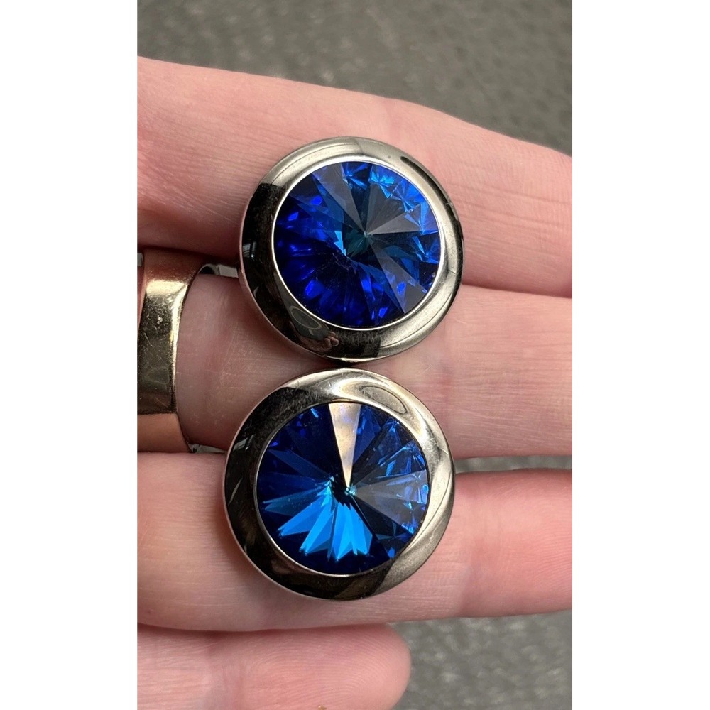 Vintage Silver Tone Royal Blue Rivoli Rhinestone Crystal Starburst Cufflinks